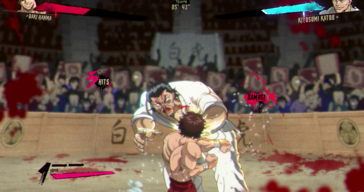 Baki golpea a un karateka entre efectos de sangre en el juego de lucha Baki Hanma: Blood Arena.
