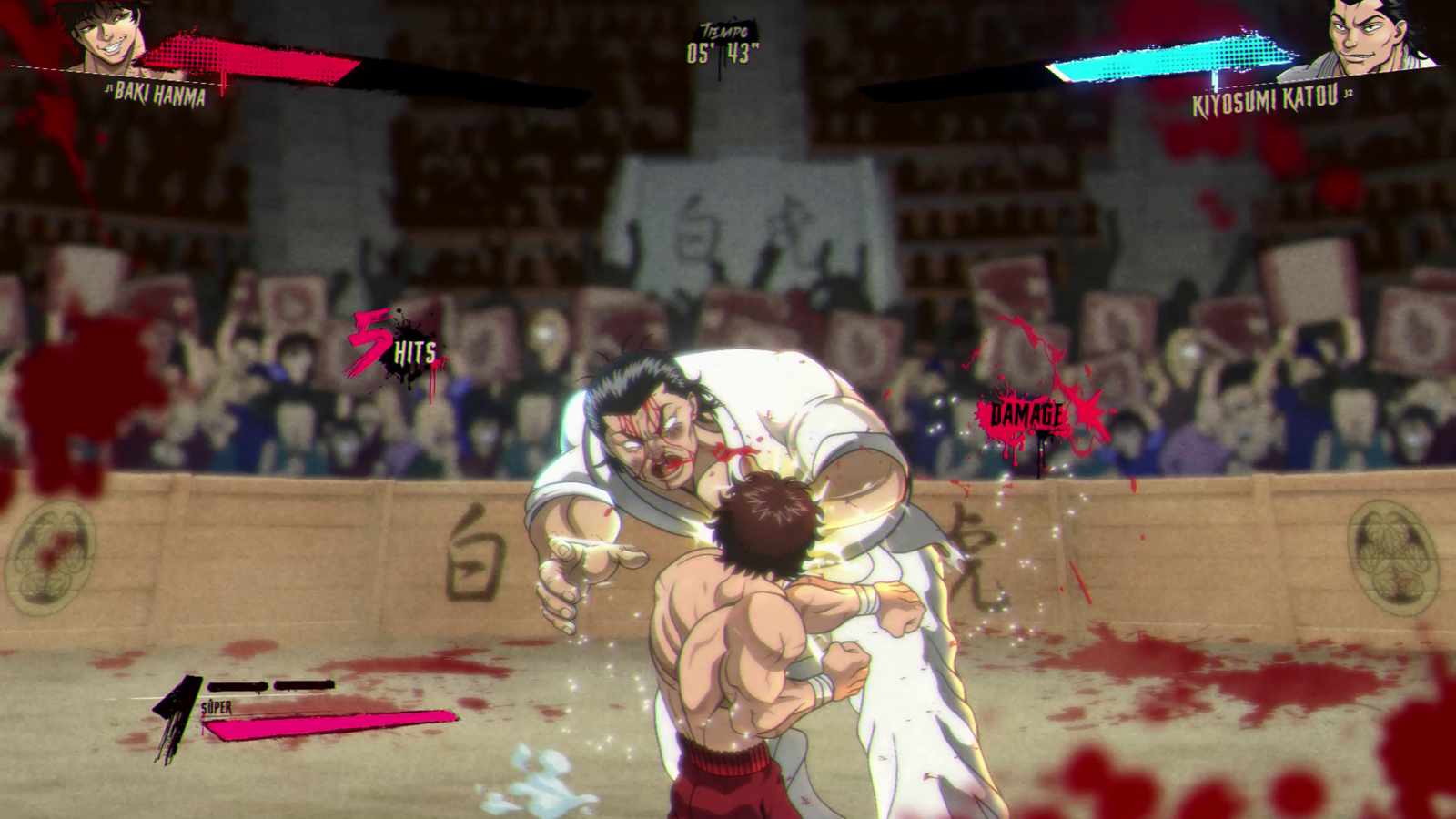 Baki golpea a un karateka entre efectos de sangre en el juego de lucha Baki Hanma: Blood Arena.