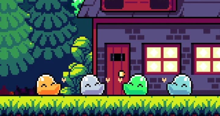 Plataformas pixel art con criaturas gelatinosas frente a una casa nocturna, estética colorida y amable dentro de Joyas ocultas de 2025.