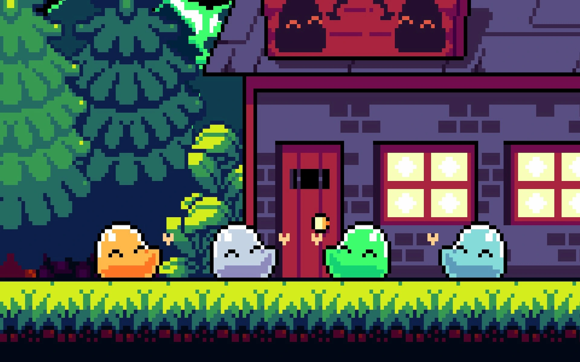 Plataformas pixel art con criaturas gelatinosas frente a una casa nocturna, estética colorida y amable dentro de Joyas ocultas de 2025.