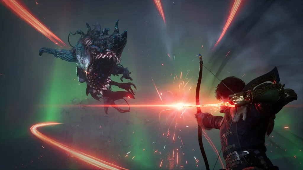 Arquero humano dispara una flecha luminosa contra un monstruo aéreo entre luces verdes y rojas, acción intensa de Lies of P: Overture.
