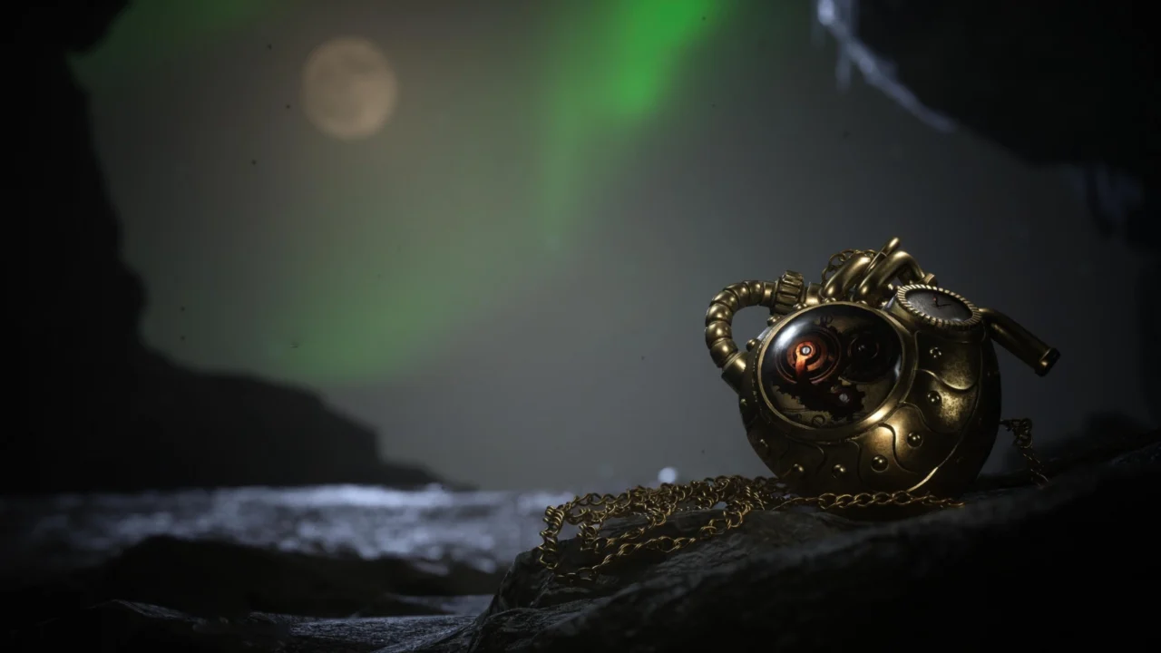 Artefacto mecánico dorado con cadena abandonado en una cueva bajo auroras verdes, atmósfera melancólica y steampunk de Lies of P: Overture.