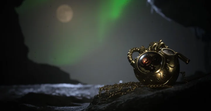 Artefacto mecánico dorado con cadena abandonado en una cueva bajo auroras verdes, atmósfera melancólica y steampunk de Lies of P: Overture.