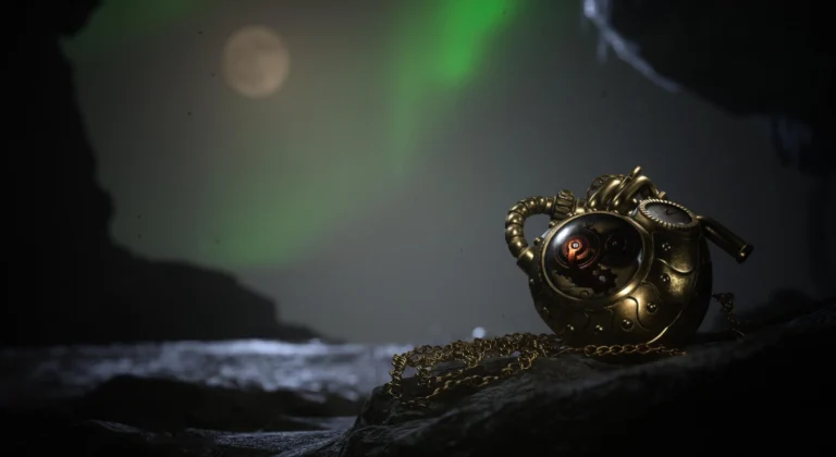 Artefacto mecánico dorado con cadena abandonado en una cueva bajo auroras verdes, atmósfera melancólica y steampunk de Lies of P: Overture.