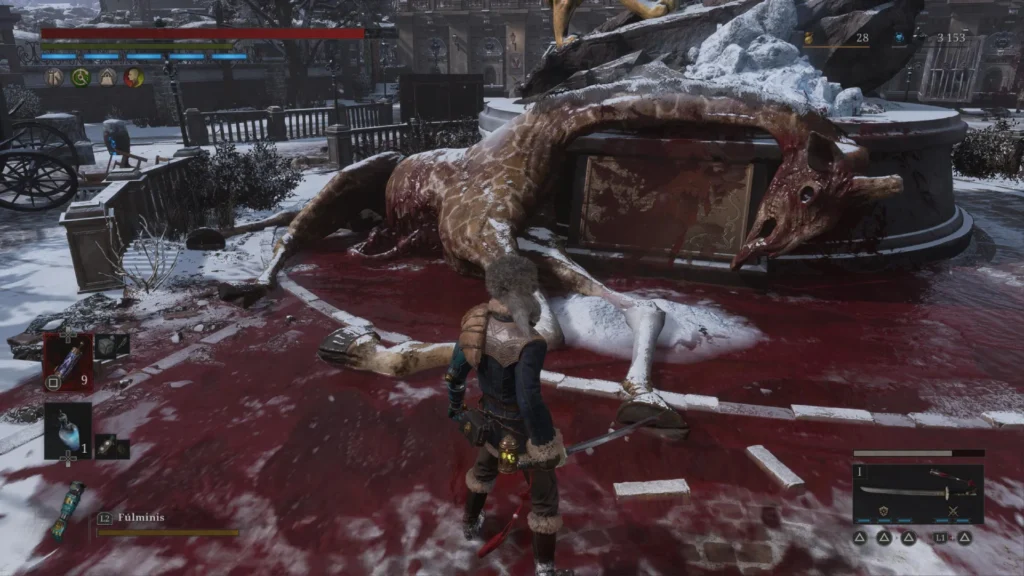 Marioneta guerrera frente a una bestia colosal muerta en una plaza nevada y ensangrentada, combate brutal característico de Lies of P: Overture.