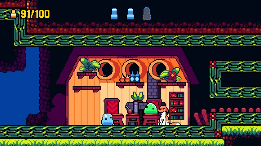 Plataformas pixel art interior con personajes y criaturas convivendo en una casa, tono cálido y cotidiano propio de Joyas ocultas de 2025.