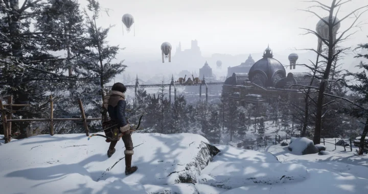 El protagonista observa una ciudad nevada con globos aerostáticos desde un acantilado, punto narrativo clave para acceder al DLC de Lies of P.