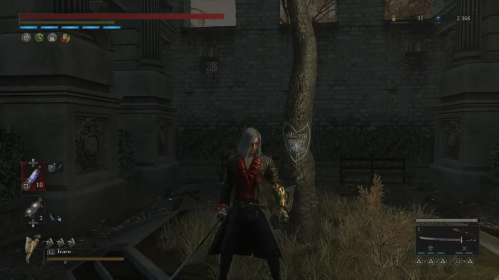 Personaje de pelo plateado junto a un árbol grabado en un patio oscuro, momento de contexto y trasfondo de Rosaura en Lies of P.