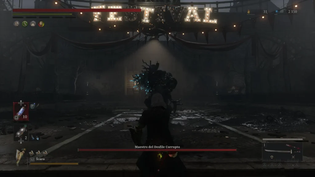 Combate contra el jefe Maestro del Desfile Corrupto bajo un cartel iluminado, enfrentamiento obligatorio previo para acceder al DLC de Lies of P.