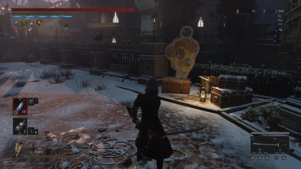 El protagonista camina por la feria abandonada entre cofres y decorados rotos, exploración previa a encontrar a Rosaura en Lies of P.