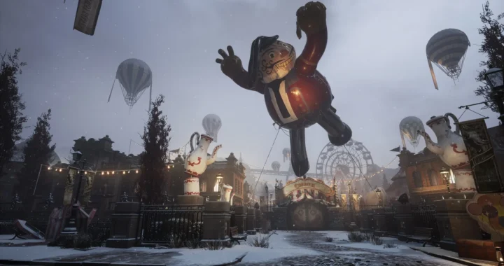Plaza nevada con globos y figuras de feria flotantes mientras el protagonista avanza, zona clave del recorrido de Rosaura en Lies of P.