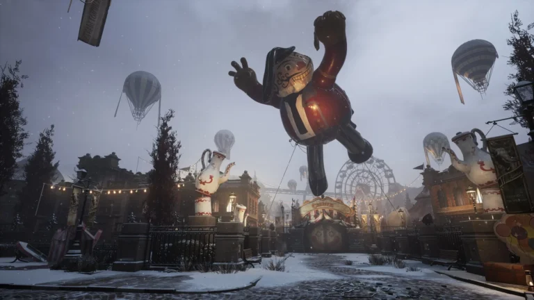 Plaza nevada con globos y figuras de feria flotantes mientras el protagonista avanza, zona clave del recorrido de Rosaura en Lies of P.