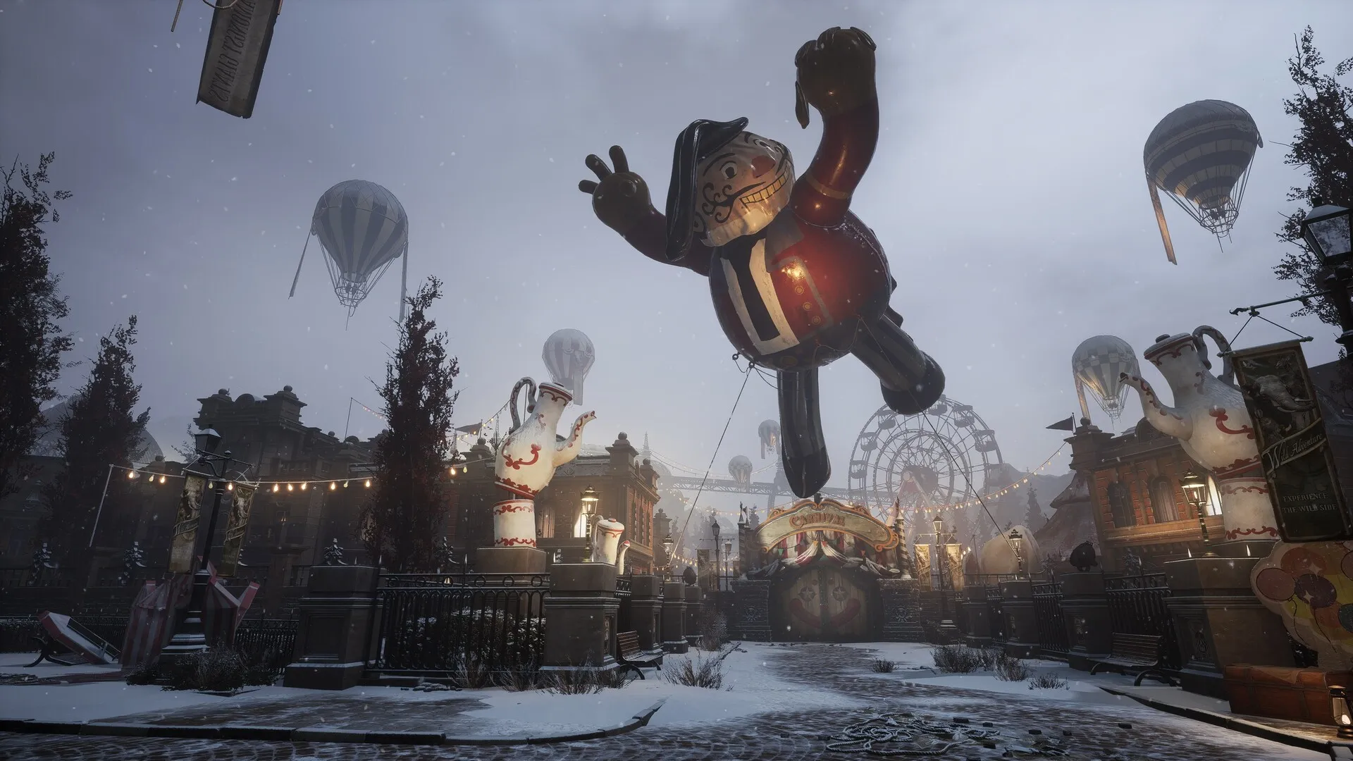 Plaza nevada con globos y figuras de feria flotantes mientras el protagonista avanza, zona clave del recorrido de Rosaura en Lies of P.