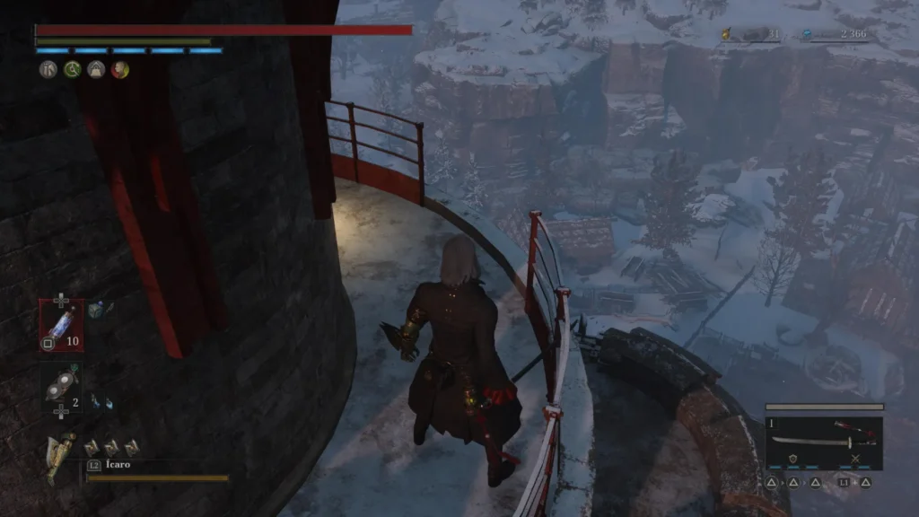 Vista desde un faro nevado hacia el valle industrial, tramo elevado del camino narrativo de Rosaura en Lies of P.