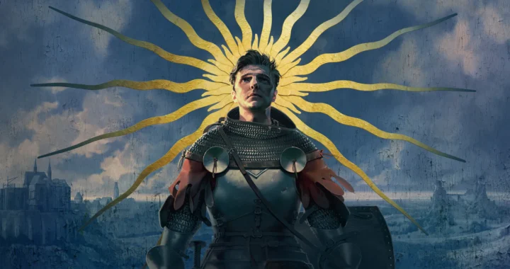 Caballero medieval con armadura mira al cielo bajo un símbolo solar dorado, tono épico y religioso propio de Kingdom Come: Deliverance II.