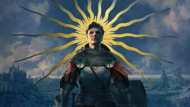 Caballero medieval con armadura mira al cielo bajo un símbolo solar dorado, tono épico y religioso propio de Kingdom Come: Deliverance II.