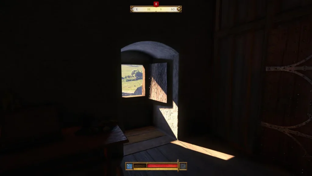 Interior oscuro de una torre con ventana abierta al campo, contraste de luz realista en la exploración de Kingdom Come: Deliverance II.