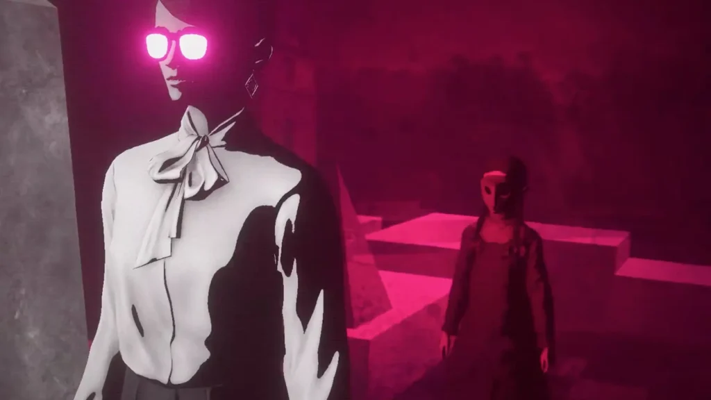 Lorelei, con gafas brillantes, observa a una niña enmascarada en un entorno rojo irreal, escena inquietante y narrativa de Lorelei and the Laser Eyes.