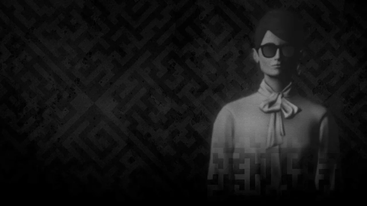 Retrato en blanco y negro de Lorelei con gafas oscuras sobre fondo glitch, tono enigmático y psicológico de Lorelei and the Laser Eyes.
