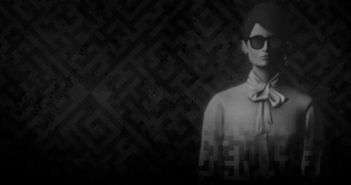 Retrato en blanco y negro de Lorelei con gafas oscuras sobre fondo glitch, tono enigmático y psicológico de Lorelei and the Laser Eyes.