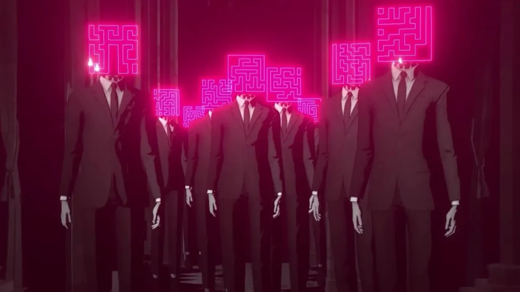 Figuras humanas con traje y cabeza de laberinto rosa avanzan en formación, representación simbólica y opresiva del misterio en Lorelei and the Laser Eyes.