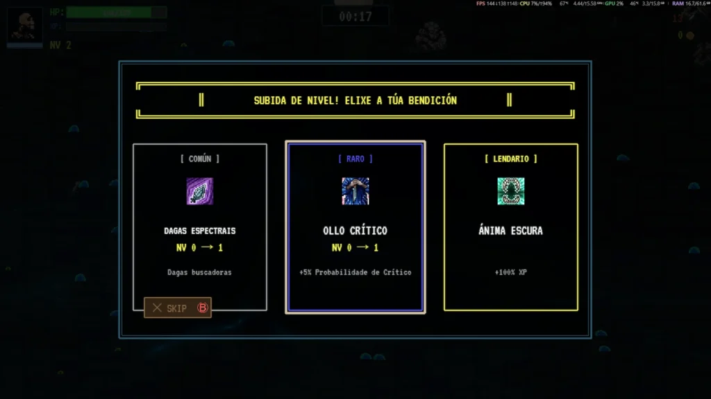 Menú de subida de nivel donde el jugador elige bendiciones entre común, raro y legendario, sistema de progresión clave en Lunar Tide.