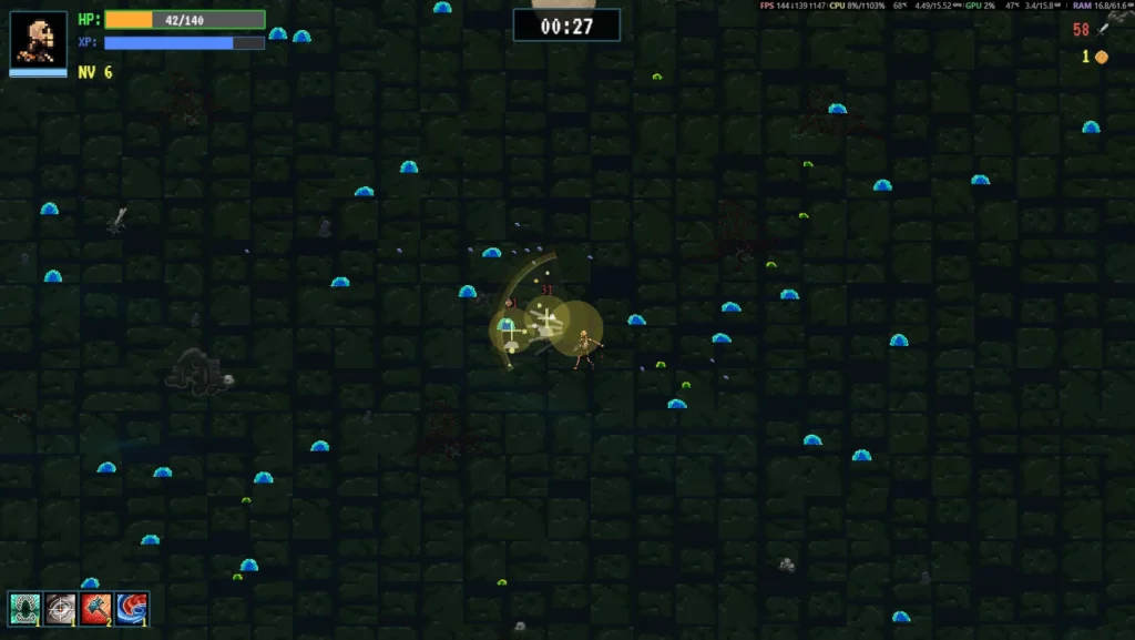 Vista cenital de combate con el Caballero Caído rodeado de enemigos y efectos circulares, ejemplo del caos controlado de Lunar Tide.