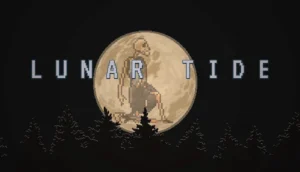 Portada con figura solitaria frente a una luna llena pixelada entre árboles, tono oscuro y minimalista que define Lunar Tide.