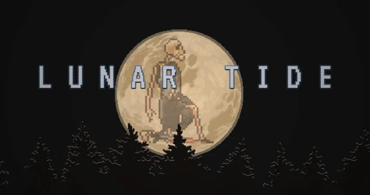 Portada con figura solitaria frente a una luna llena pixelada entre árboles, tono oscuro y minimalista que define Lunar Tide.