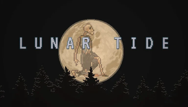 Portada con figura solitaria frente a una luna llena pixelada entre árboles, tono oscuro y minimalista que define Lunar Tide.