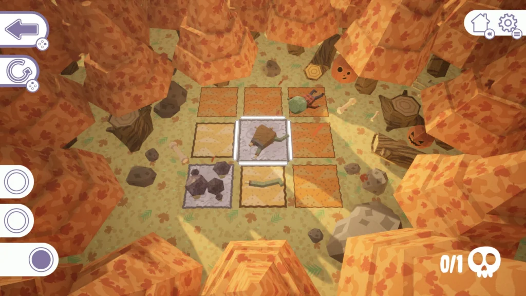 Puzle isométrico en un bosque otoñal con fichas móviles y calaveras, ambientación tranquila y minimalista de Joyas ocultas de 2025.