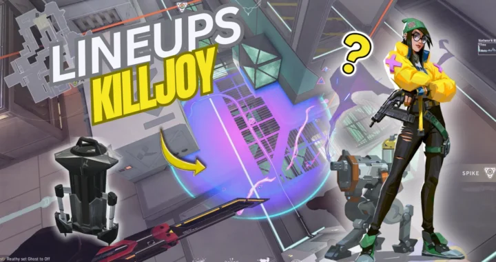 Guía visual con Killjoy señalando un lanzamiento preciso sobre el mapa, mostrando ángulos y trayectorias clave para dominar lineups de Killjoy en VALORANT.