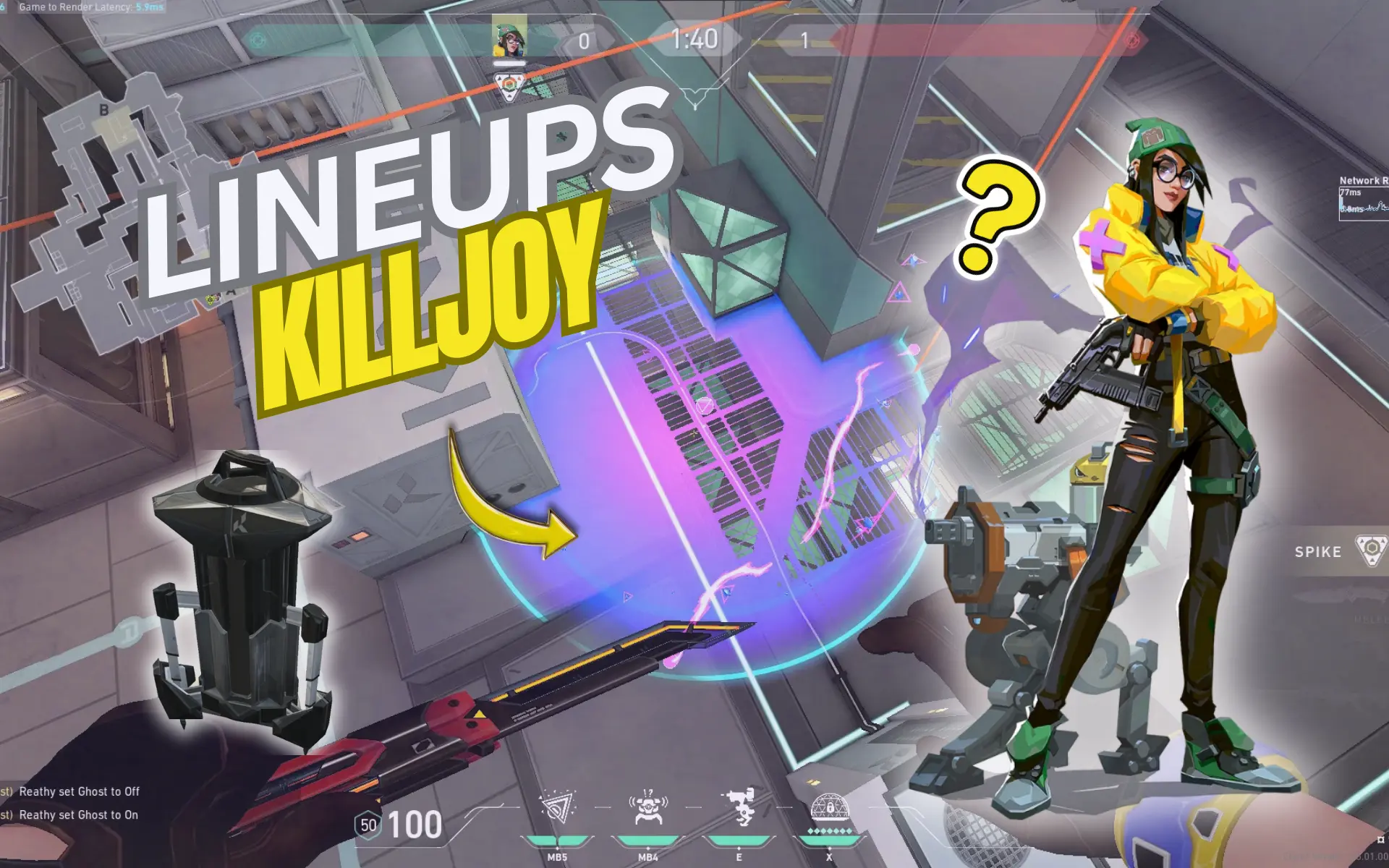 Guía visual con Killjoy señalando un lanzamiento preciso sobre el mapa, mostrando ángulos y trayectorias clave para dominar lineups de Killjoy en VALORANT.