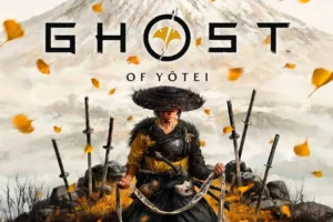 Portada de Ghost of Yotei con una guerrera samurái arrodillada entre katanas clavadas, hojas otoñales y el monte Yōtei al fondo.