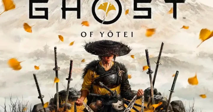 Portada de Ghost of Yotei con una guerrera samurái arrodillada entre katanas clavadas, hojas otoñales y el monte Yōtei al fondo.