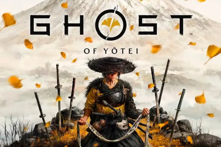 Portada de Ghost of Yotei con una guerrera samurái arrodillada entre katanas clavadas, hojas otoñales y el monte Yōtei al fondo.