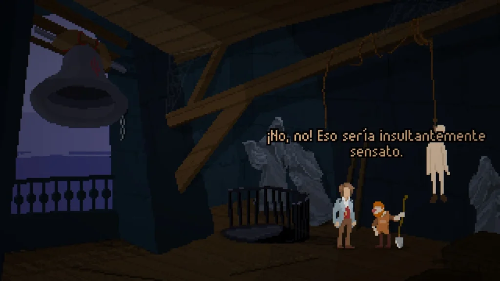 Aventura gráfica oscura con diálogo irónico en español, personajes frente a una escena inquietante, espíritu clásico de Joyas ocultas de 2025.