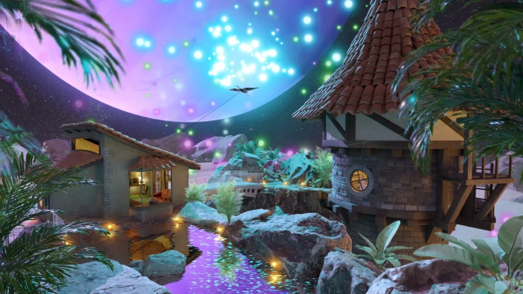 Escenario 3D onírico con casas junto al agua y luces flotantes bajo un cielo fantástico, sensación contemplativa de Joyas ocultas de 2025.