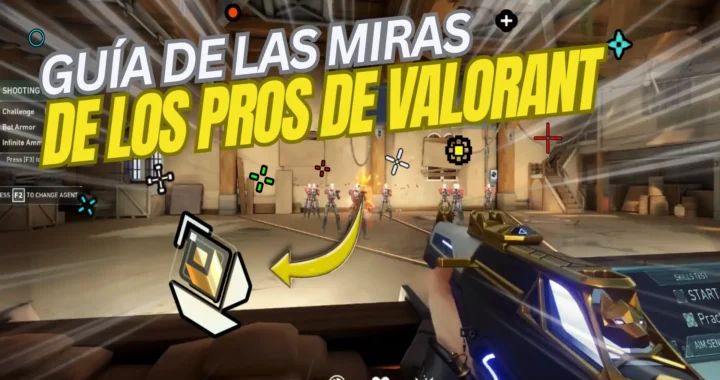 Guía visual en el campo de tiro con bots y ejemplos de cruces, enfoque didáctico sobre códigos de las miras de Valorant.