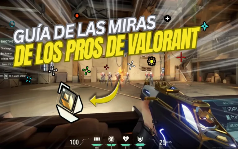 Guía visual en el campo de tiro con bots y ejemplos de cruces, enfoque didáctico sobre códigos de las miras de Valorant.