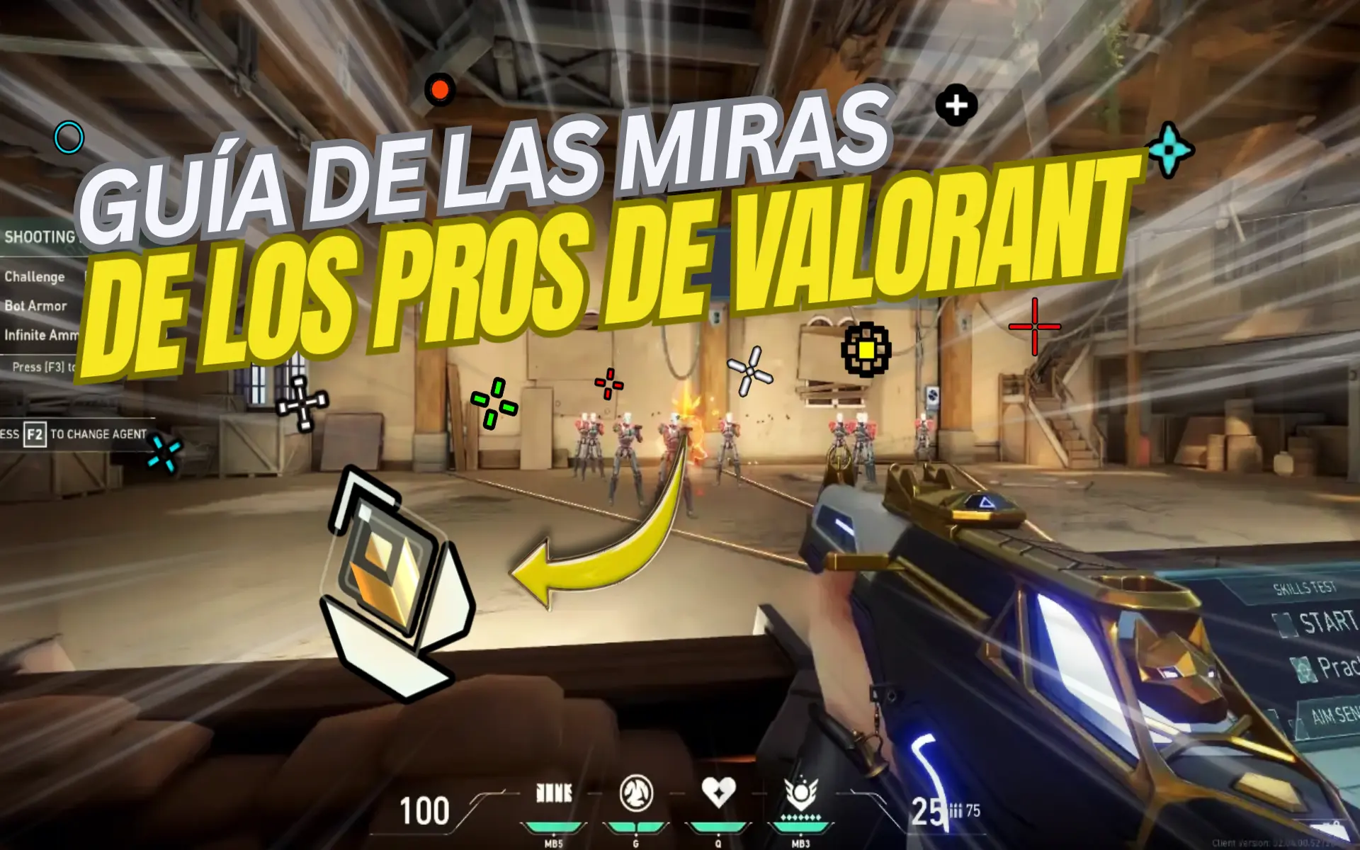 Guía visual en el campo de tiro con bots y ejemplos de cruces, enfoque didáctico sobre códigos de las miras de Valorant.