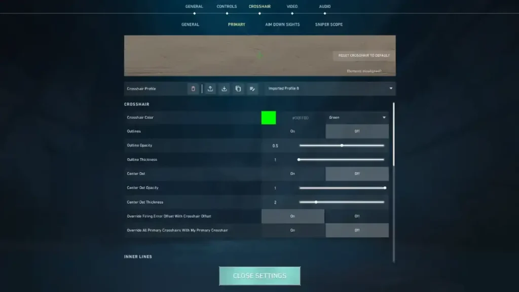 Menú de configuración de miras con color verde y sliders activos, pantalla clave para copiar códigos de las miras de Valorant.
