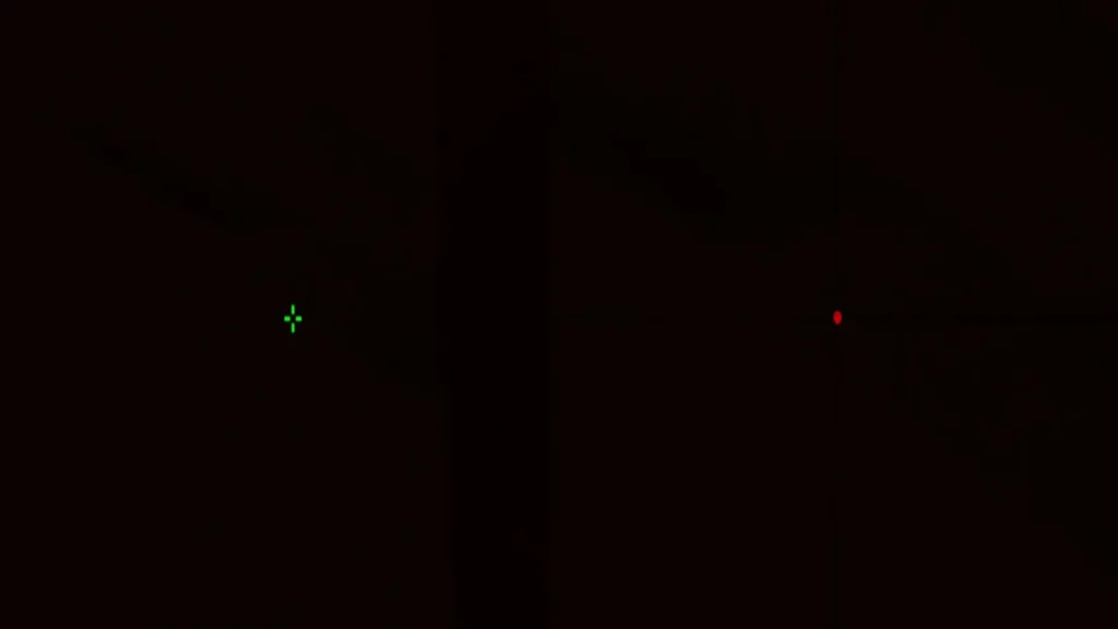 Miras verde y roja sobre fondo negro para evaluar visibilidad extrema, prueba clara de códigos de las miras Mazino - KRÜ Esports de Valorant.