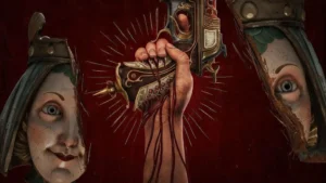 Portada de Crisol: Theater of Idols con una mano alzando una pistola barroca sangrante entre dos rostros de muñeca agrietados.