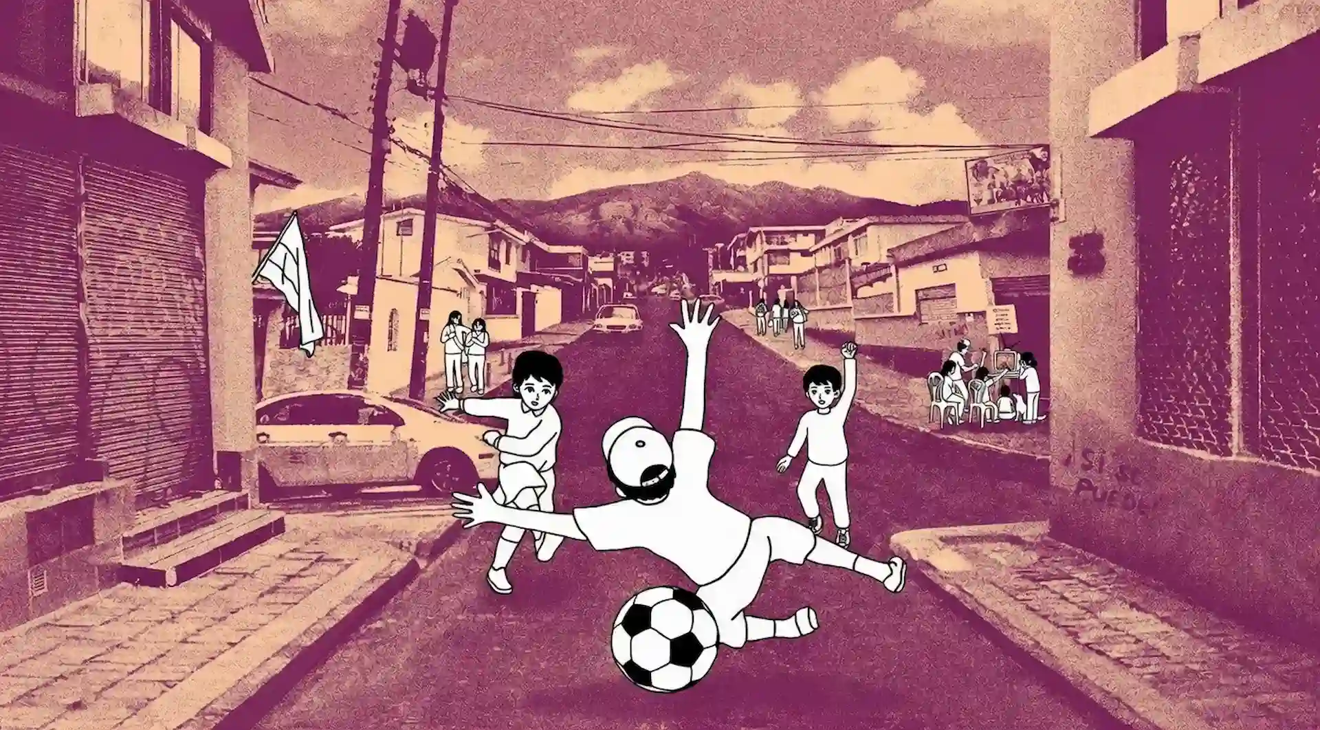 En despelote, niños juegan fútbol en una calle de barrio andino, con estética sepia y personajes dibujados sobre fondo real.