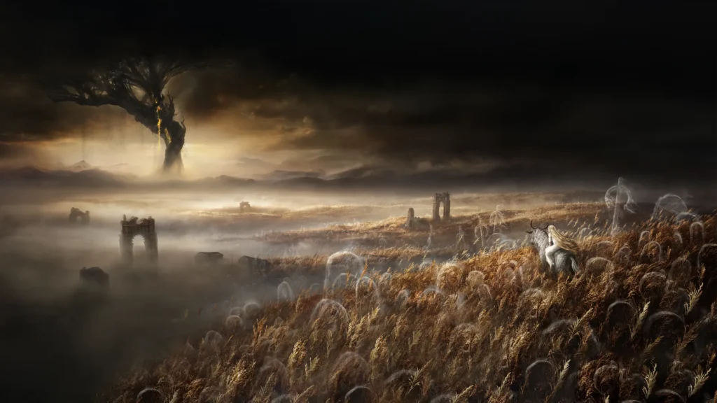 Paisaje de fantasía oscura con ruinas y un árbol colosal al fondo, donde figuras espectrales avanzan entre campos dorados bajo un cielo tormentoso.