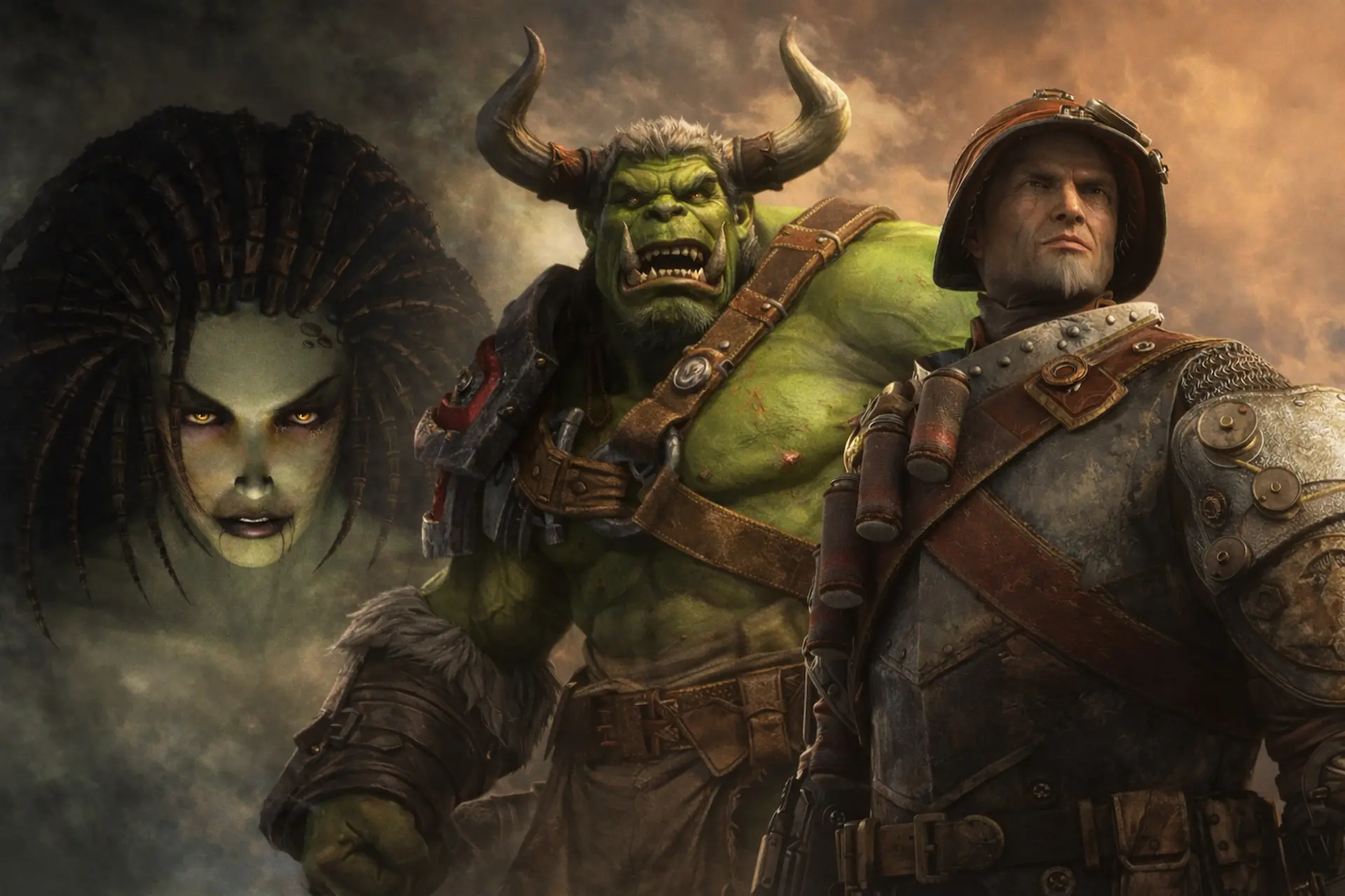 Tres iconos del RTS reunidos: Kerrigan al fondo, un orco de Warcraft y un comandante humano, simbolizando la Xenosemiótica en los RTS.