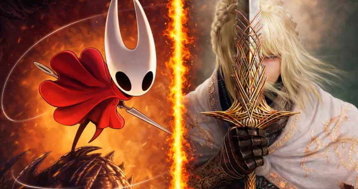 Contraste visual entre el protagonista de Silksong y Shadow of the Erdtree, separados por una línea de fuego y empuñando armas icónicas.