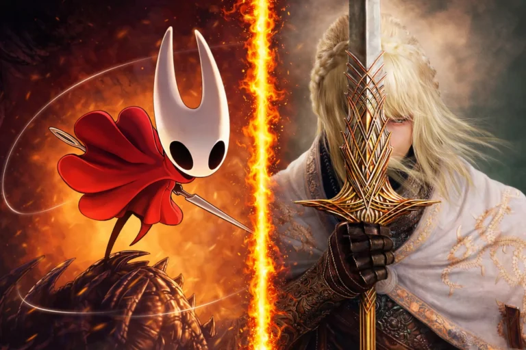 Contraste visual entre el protagonista de Silksong y Shadow of the Erdtree, separados por una línea de fuego y empuñando armas icónicas.