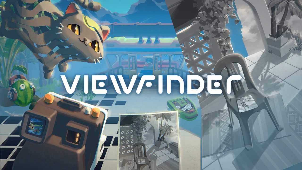 Portada de Viewfinder que muestra una cámara y fotos superpuestas alterando el escenario, con un gato flotando y arquitectura fragmentada.